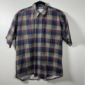 Alexander Martin Navy Olive Red Plaid Men's Medium Short Sleeve Cotton Shirt‎